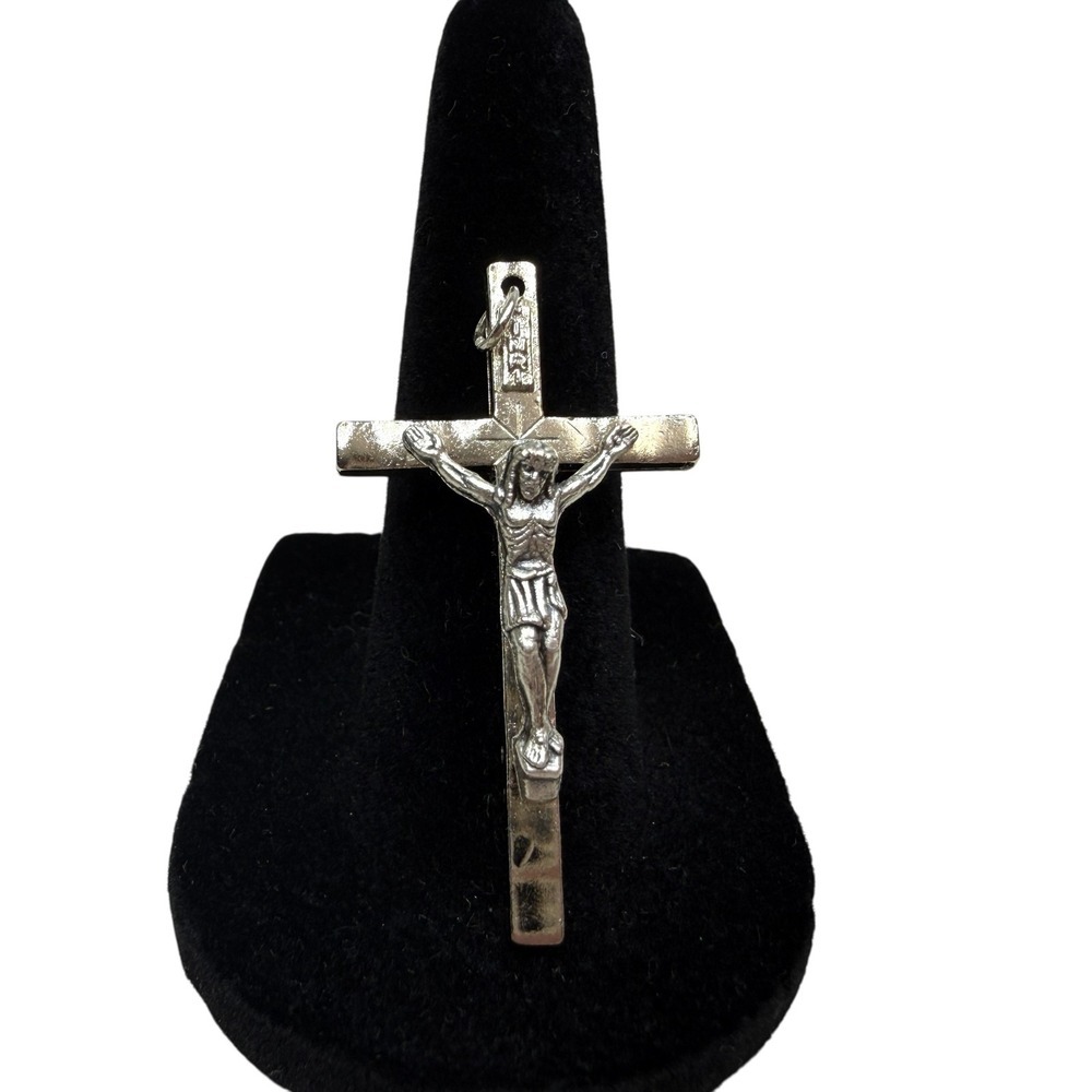 Vintage Silver Tone Metal Crucifix Pendant Italy Religious Christian Catholic
